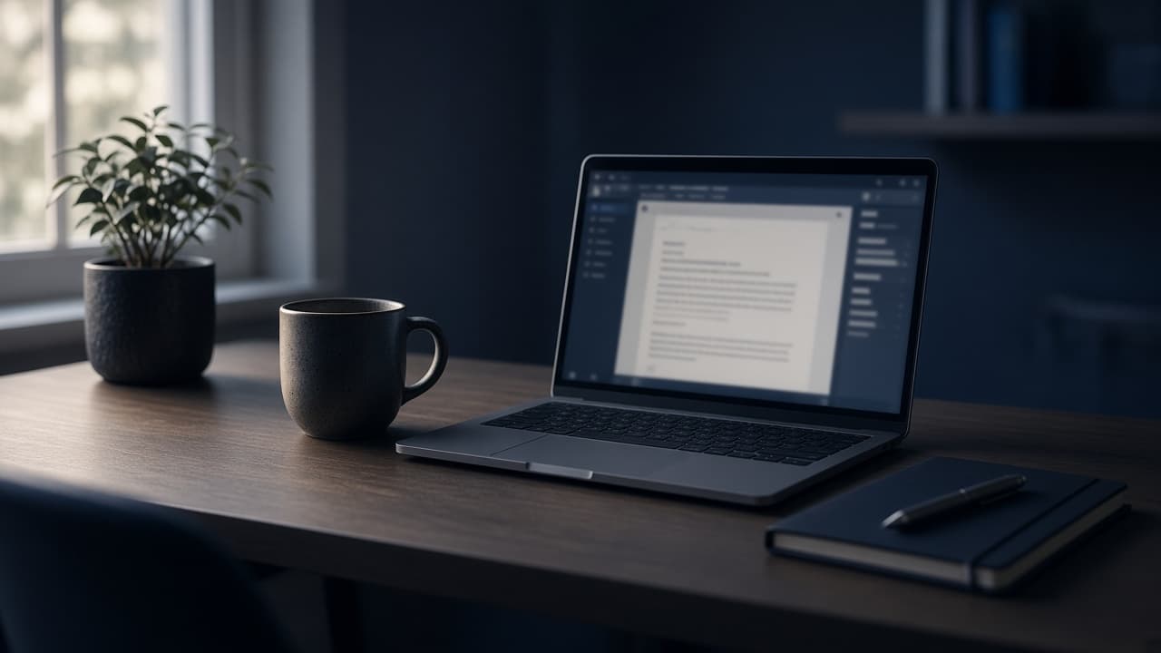 Minimal writing desk with laptop open to a content editor