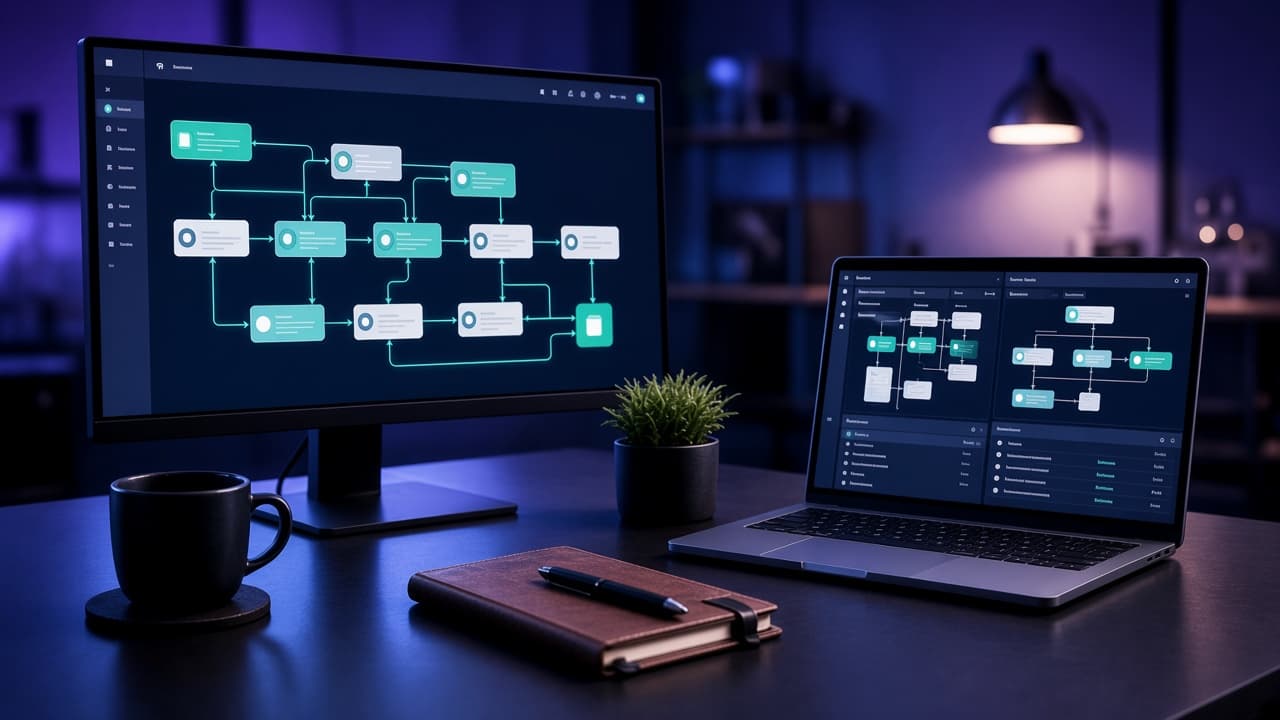 Monitor displaying connected workflow nodes and automation pipeline diagrams