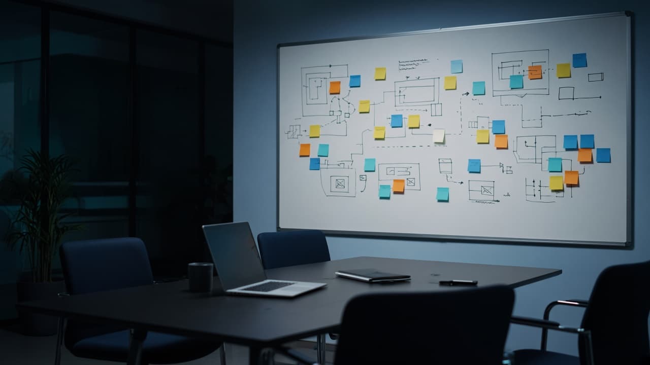 Strategy workshop with whiteboard diagrams and laptop after a planning session