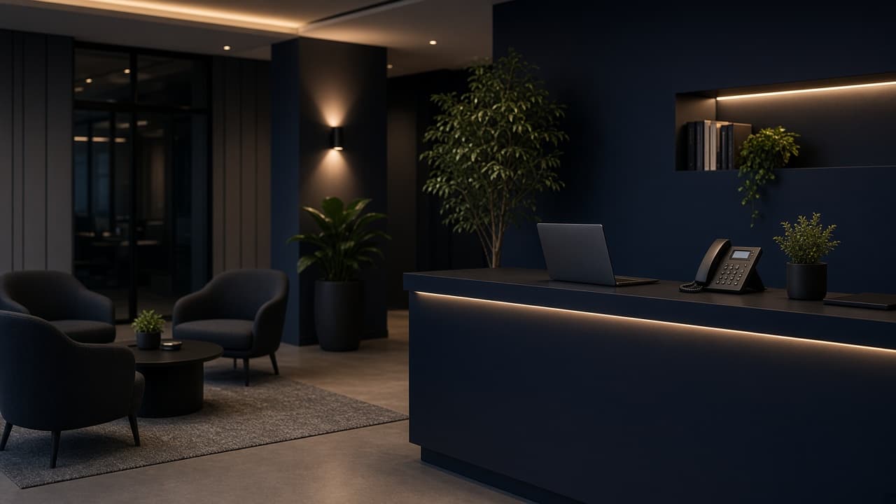 Modern technology agency lobby with reception desk and visitor seating