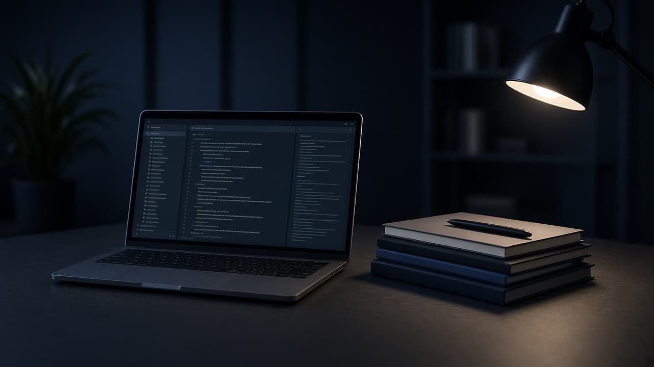 Laptop and notebooks on a desk for technical documentation