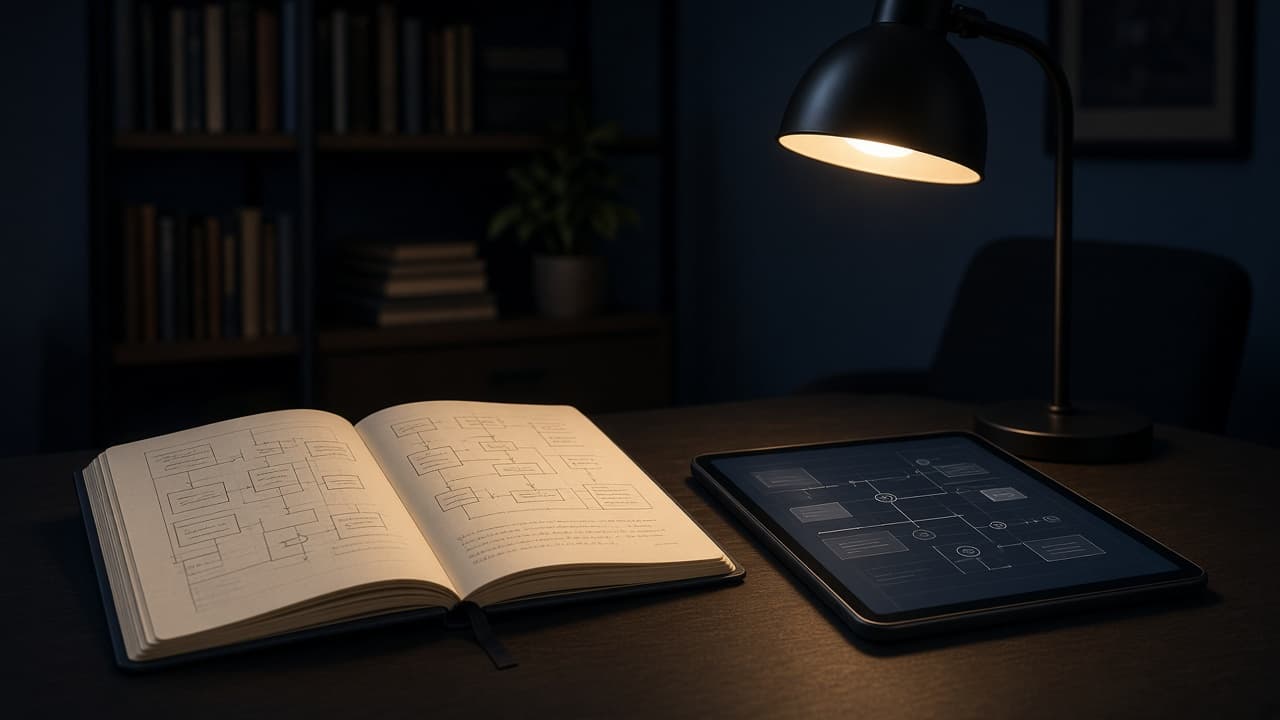 Open notebook and tablet on a desk for technical playbooks