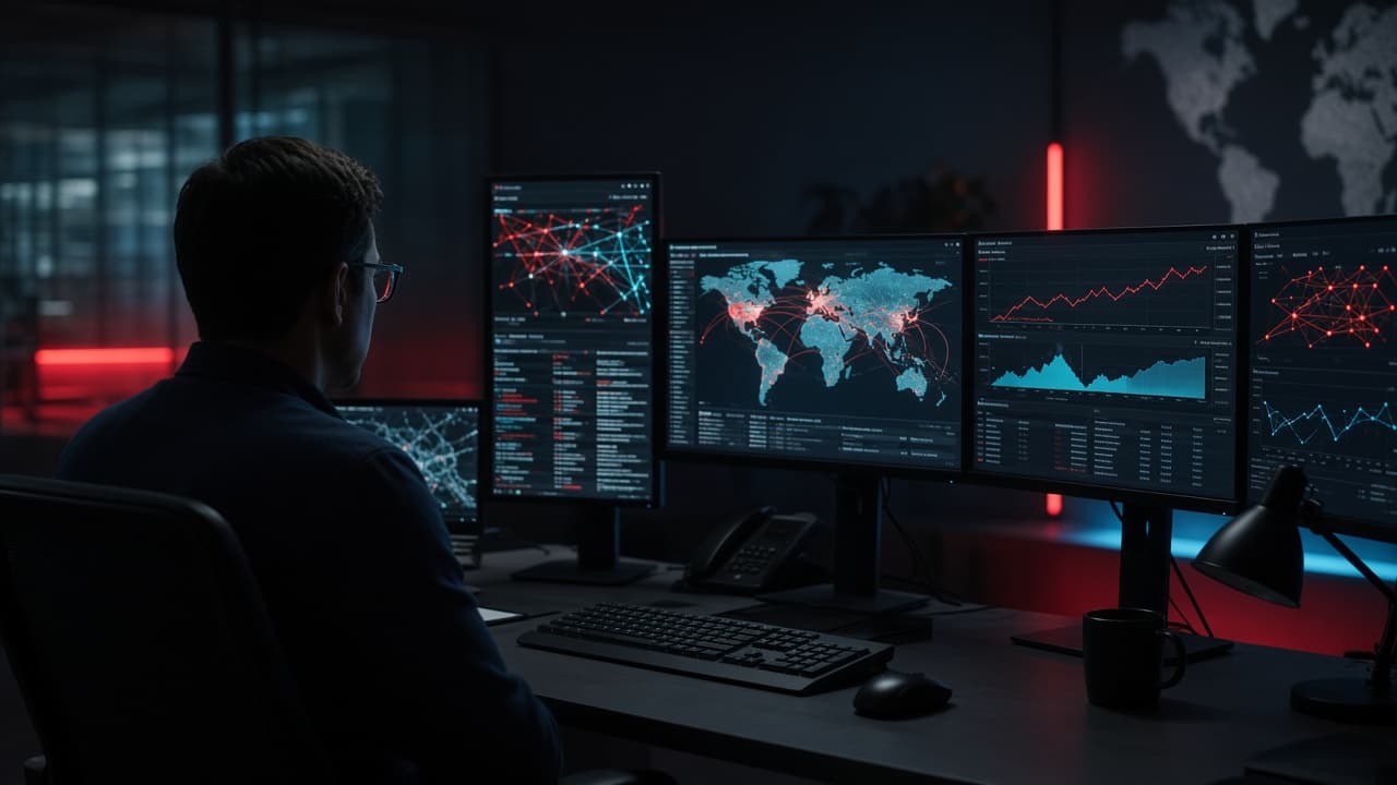Security operations desk with monitors showing abstract threat graphs
