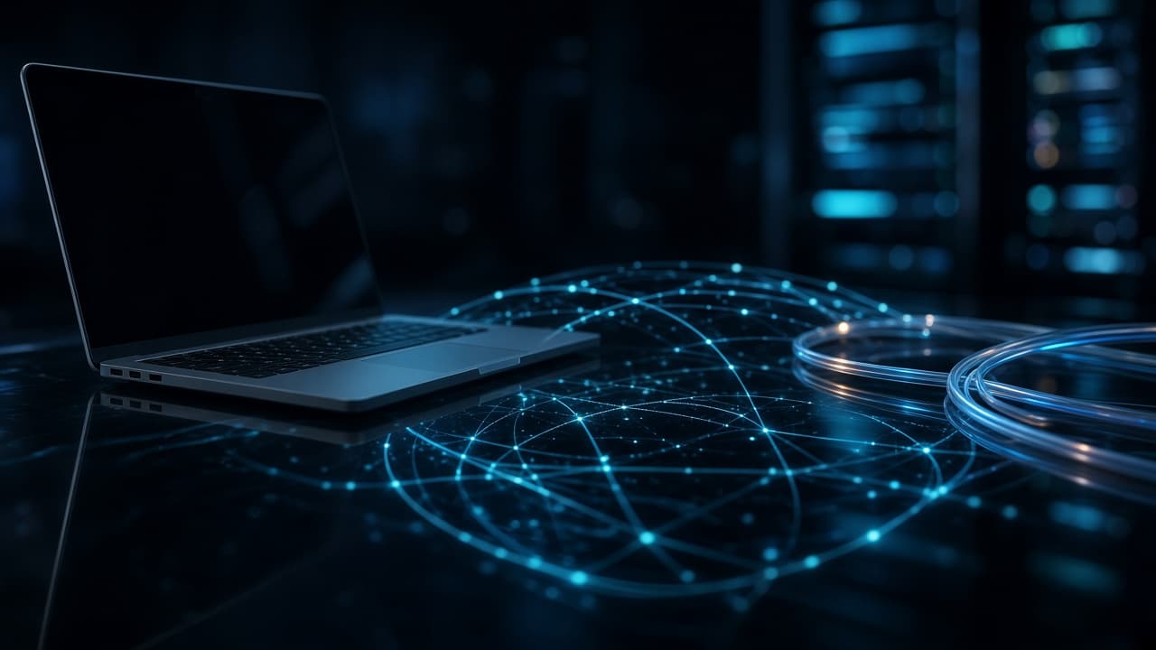 Laptop and fiber cables with abstract network globe reflections