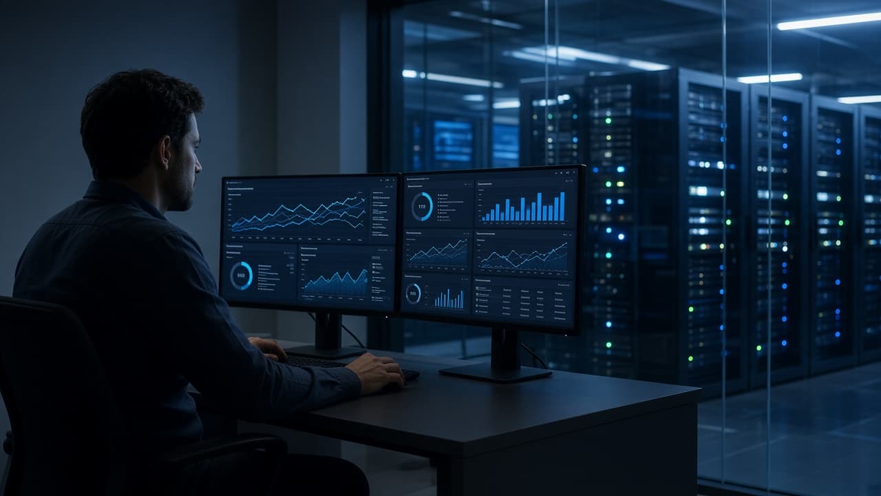 Engineer monitoring cloud dashboards beside a glass server-room window