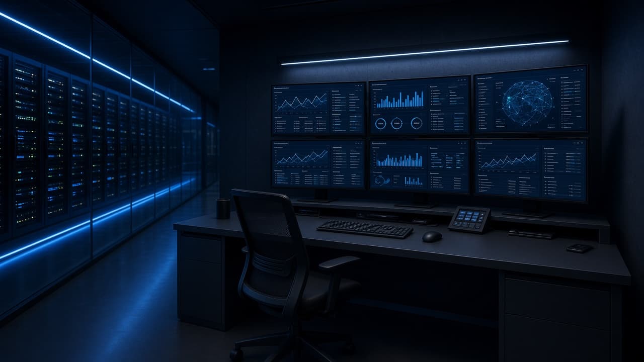 Ops center desk with multiple monitors showing hosting dashboards