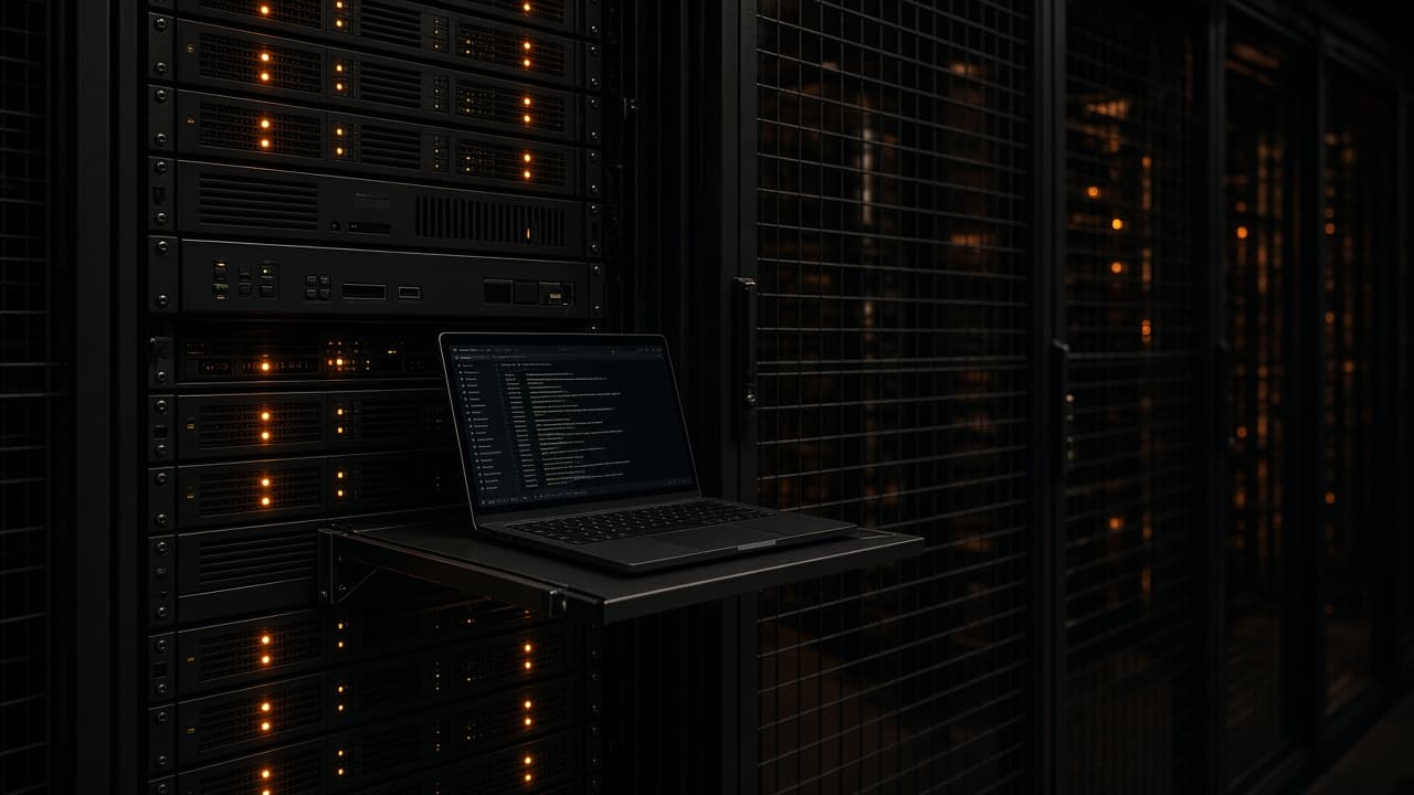 Rack-mounted console and terminal laptop in a dim colocation cage