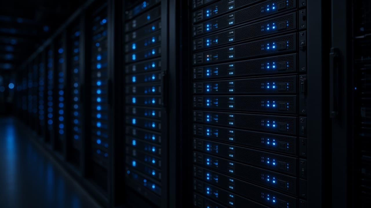 Dense server blades with soft blue LEDs in a tidy rack aisle