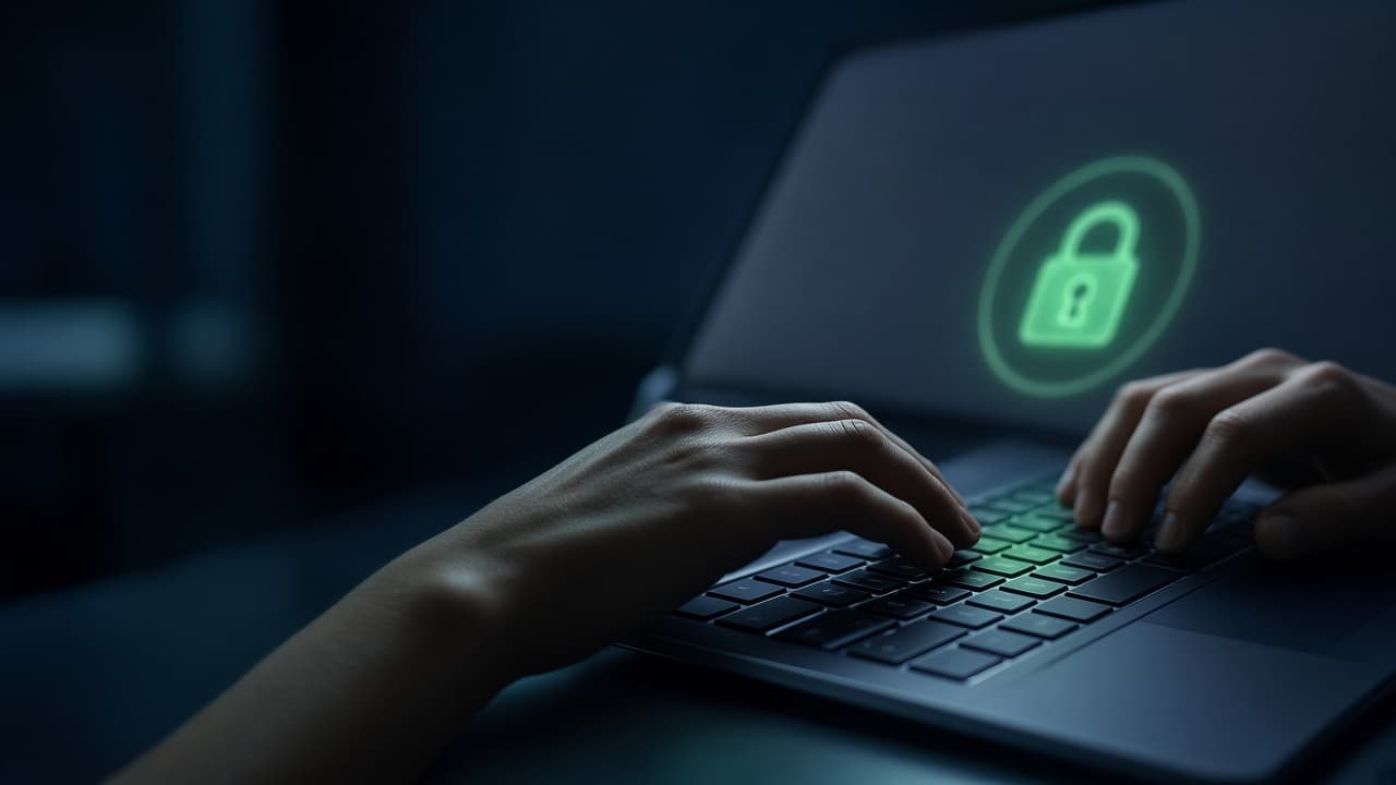 Hands typing on a laptop with soft security lock glow in a dark office