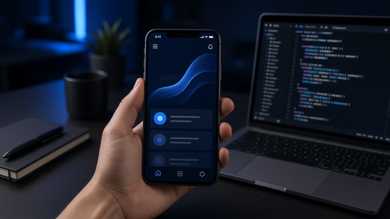 Smartphone showing a mobile app interface beside a laptop with code in a dark engineering workspace