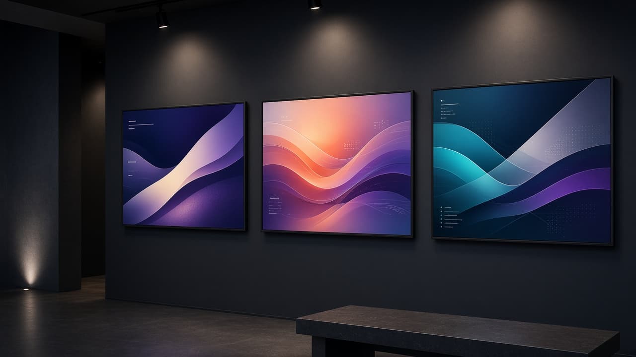 Gallery-style room with large screens showing abstract website designs
