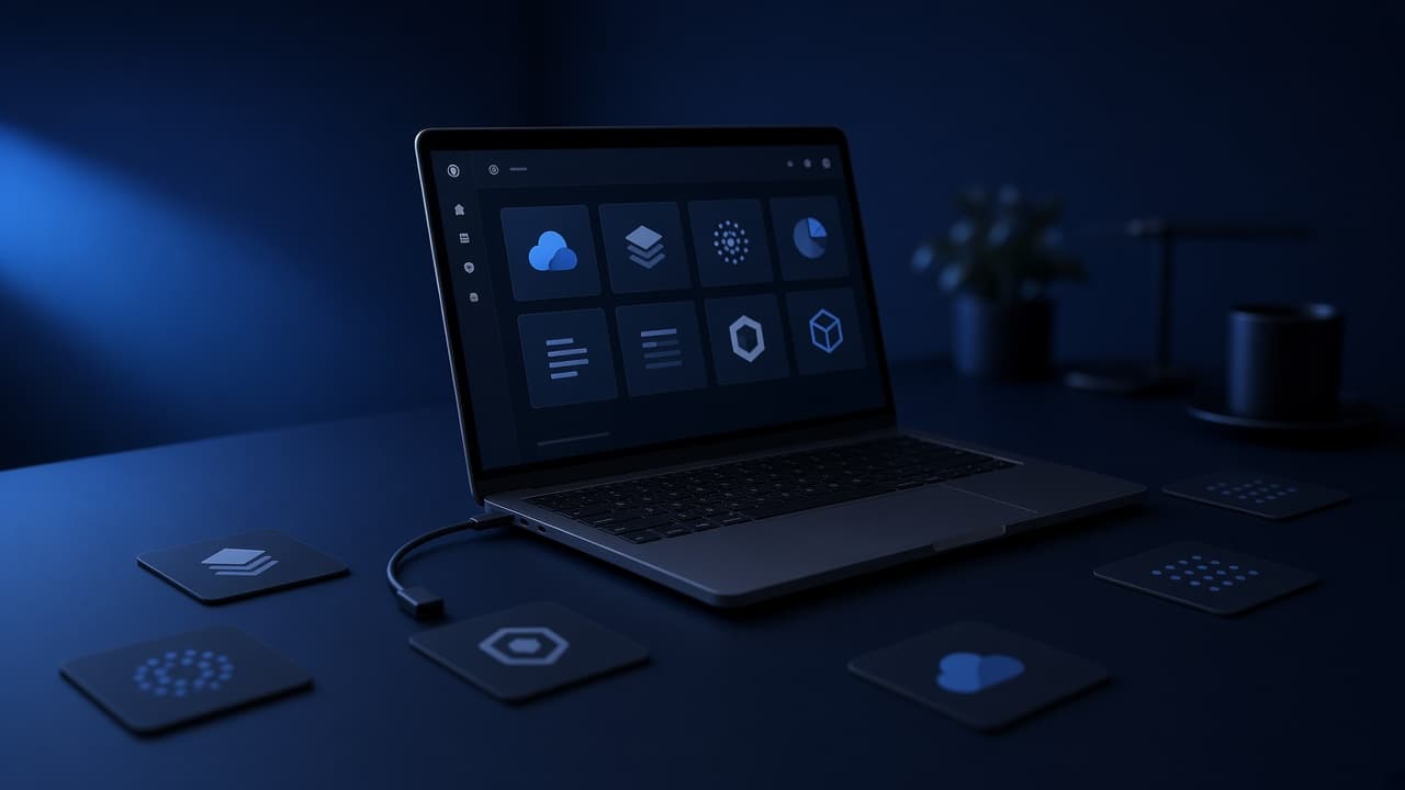 Laptop on a dark desk with soft navy lighting and WordPress plugin cards