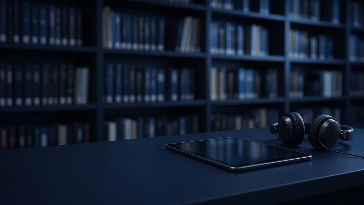 Technical bookshelves with tablet and headphones on a study desk