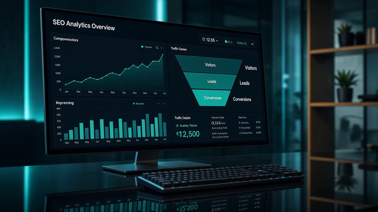Ultrawide monitor showing search ranking charts and traffic analytics