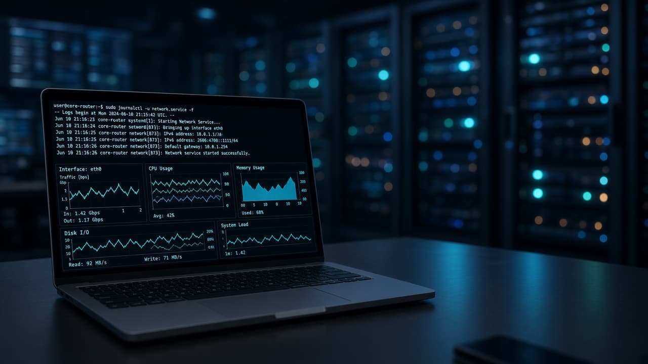 Laptop terminal in front of glowing server racks in a dim ops room