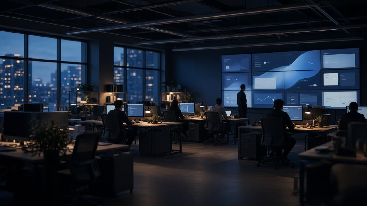 Technology agency studio floor with workstations and display wall