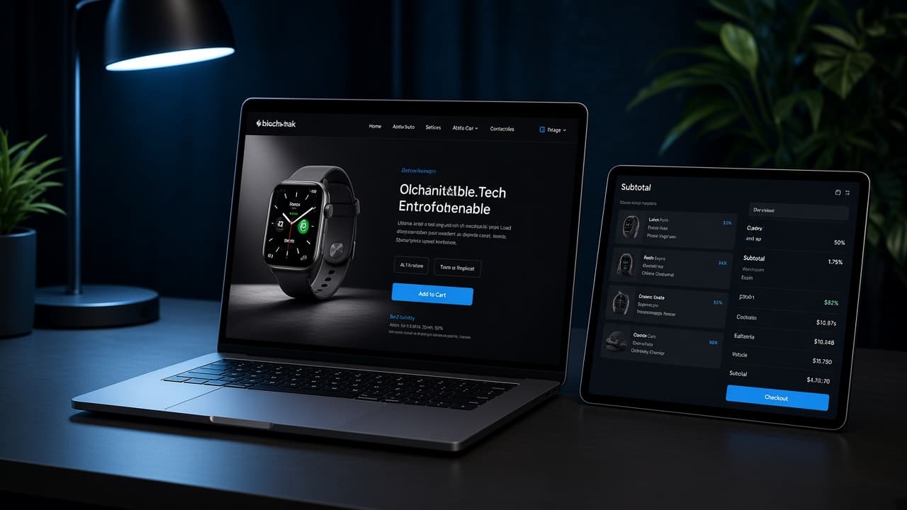 Laptop and tablet displaying a product page and shopping bag on a dark retail desk