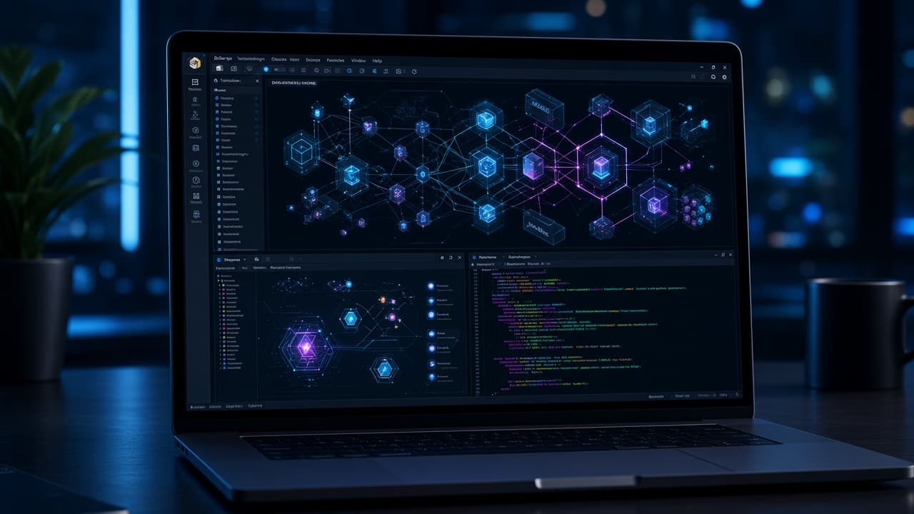 Engineering workspace with application dashboards and code on multiple screens