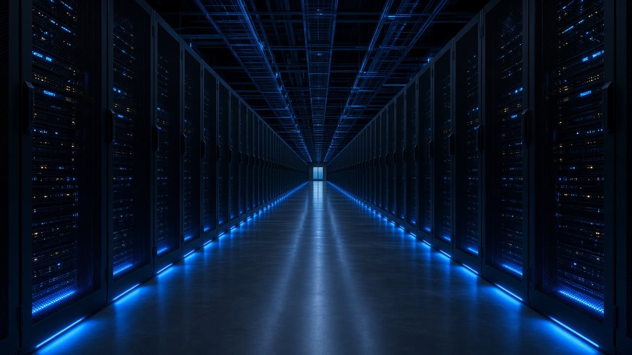 Server racks and network infrastructure illuminated in a modern data center