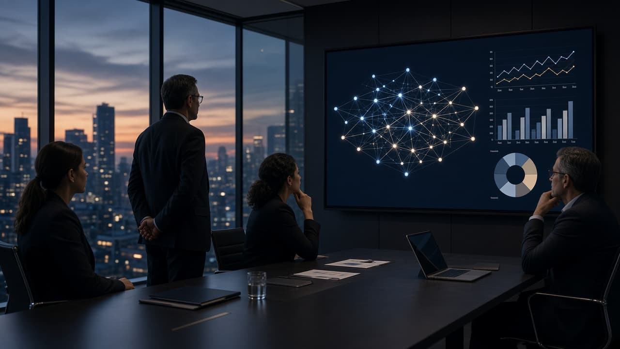 Boardroom review of connected systems and outcome charts on a large display