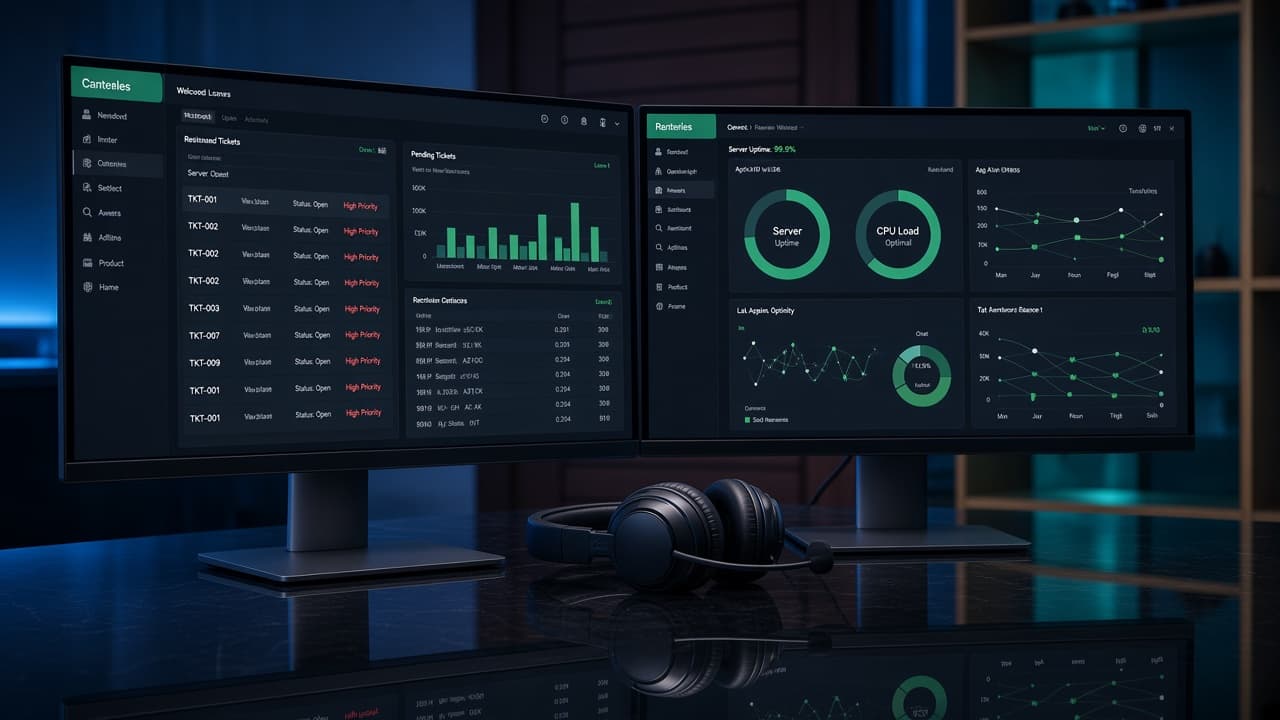Dual monitors with ticketing queue and system health panels at a support desk