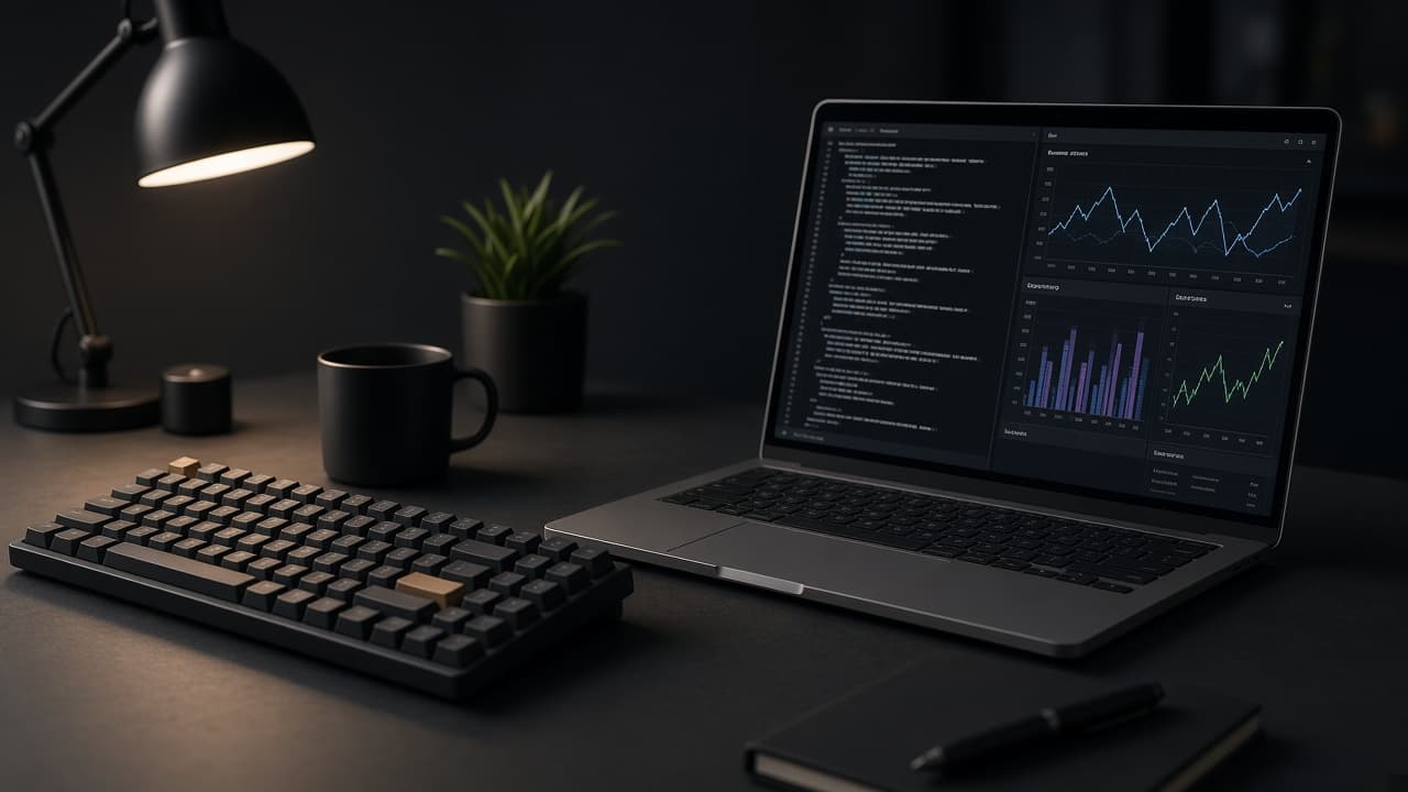 Developer workspace with laptop showing diagnostic terminal graphs
