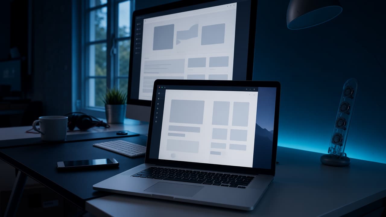 Dual monitors showing website layouts and UI design work in a dark workspace