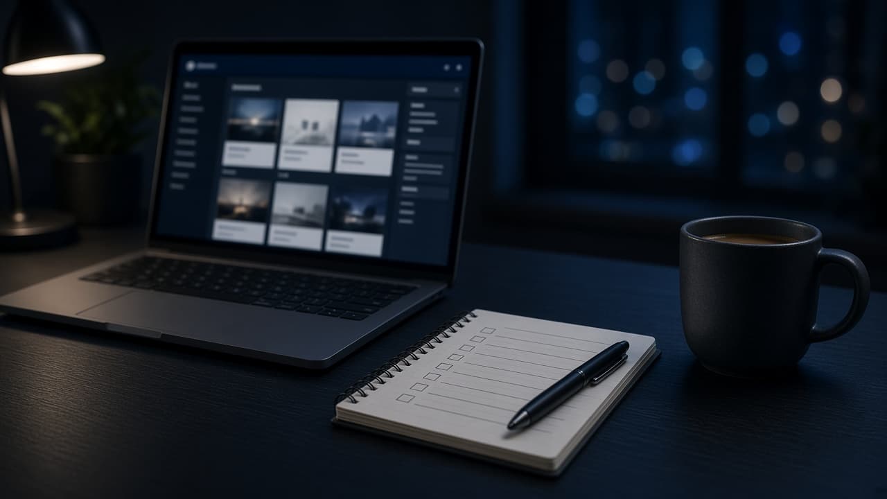 Laptop with CMS dashboard and checklist notepad on a night ops desk