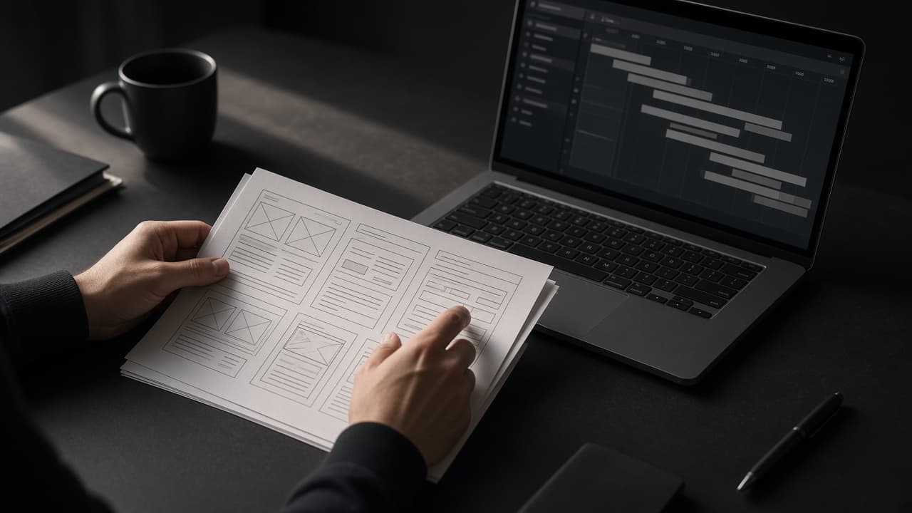 Hands reviewing wireframes and a project timeline on a meeting table