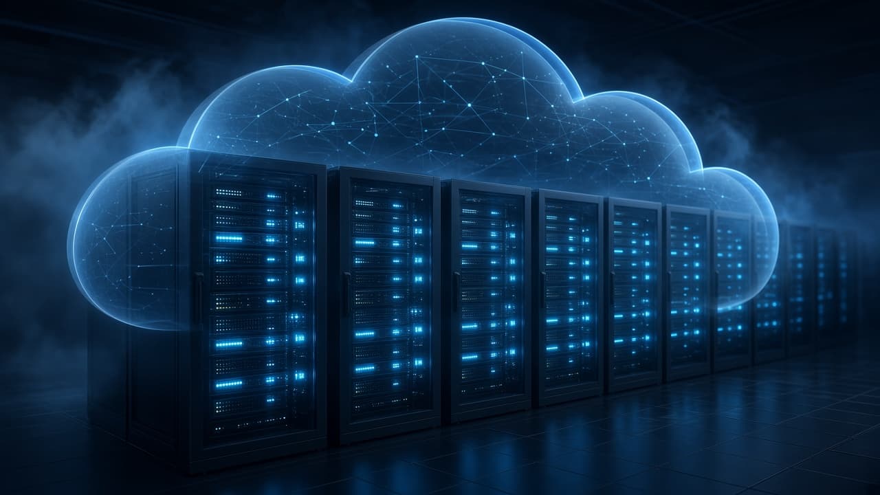 Cloud server room with isolated glowing rack sections