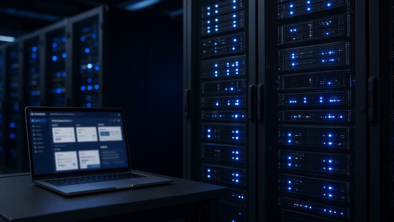 Server rack with blue LEDs and a laptop showing a hosting panel