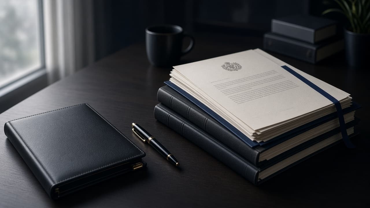 Quiet office desk with legal documents and pen under soft window light